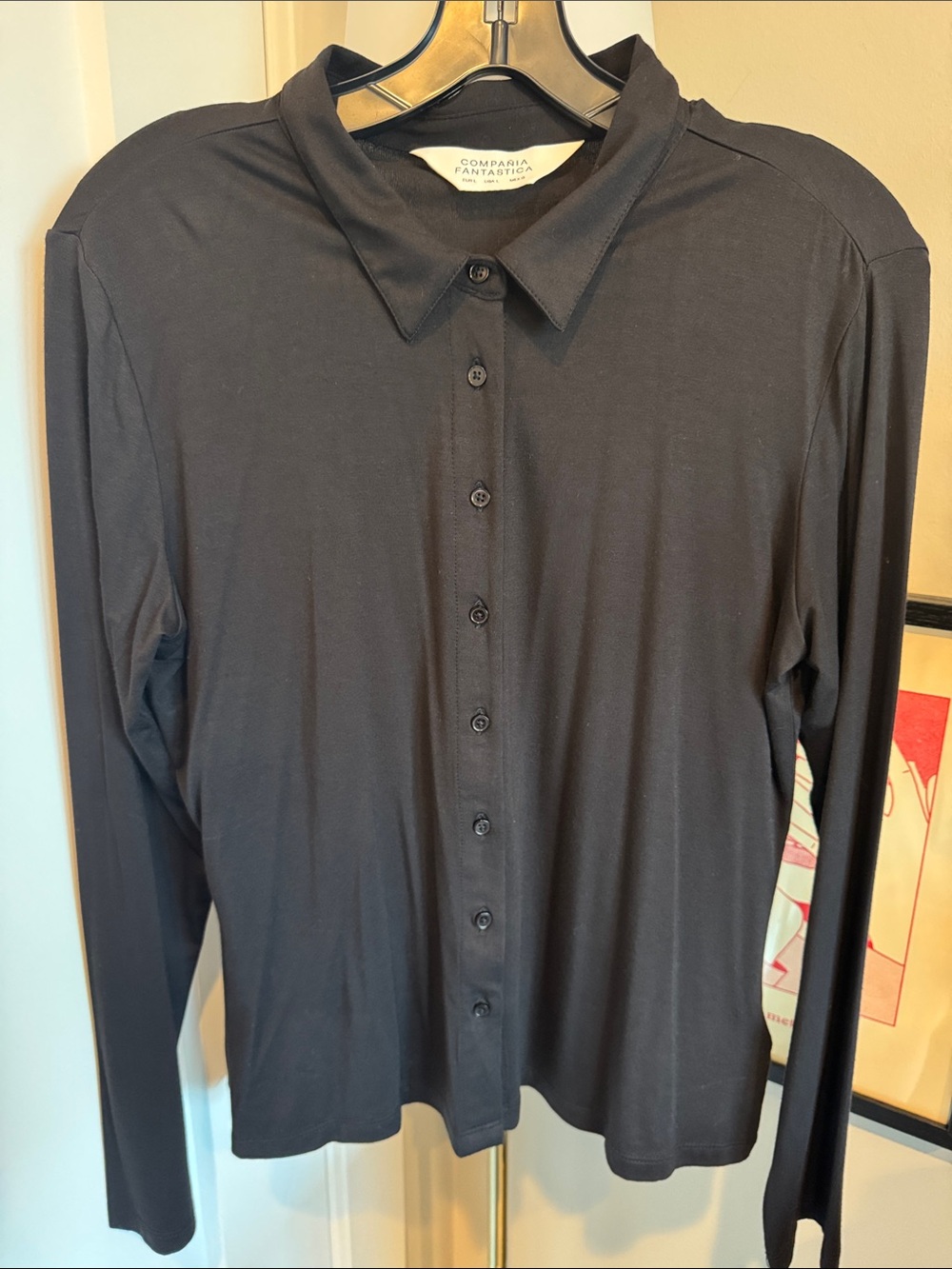 Compania Fantastica Black Button-Front Long Sleeve Top, Size Large
